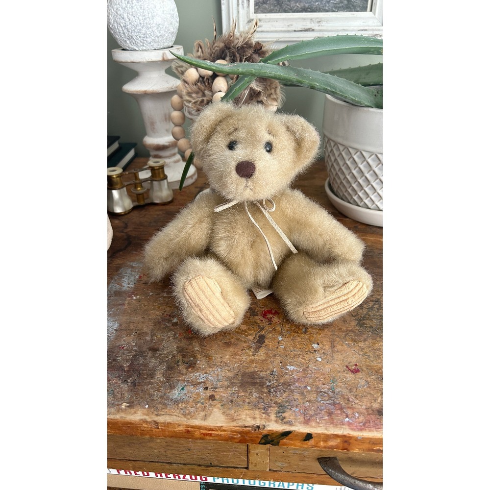 Minky Tan Teddy Bear Corduroy Feet Leather Bow Cottagecore Plush 8in Nursery